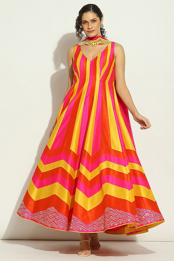 Multi-Colored Dupion Silk Patchwork Anarkali Set by Vandana Sethi