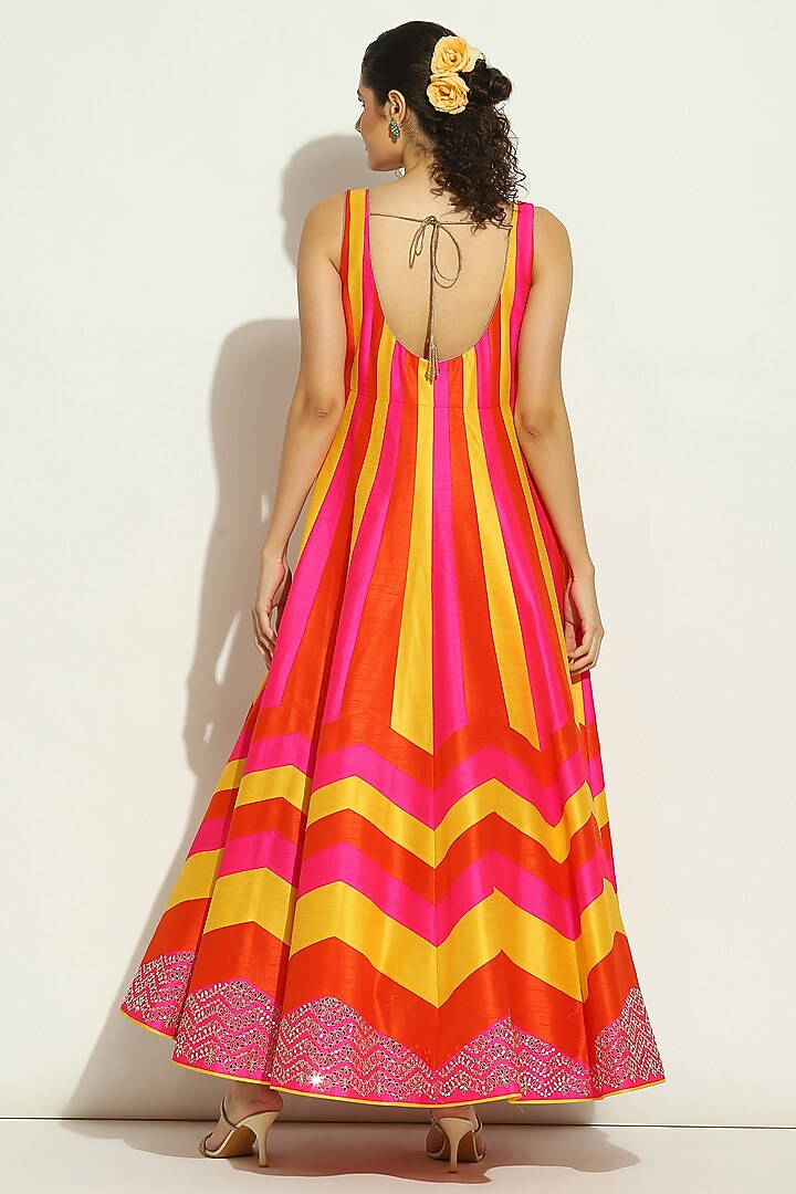 Multi-Colored Dupion Silk Patchwork Bridal Anarkali Set by Vandana Sethi at Pernia's Pop Up Shop