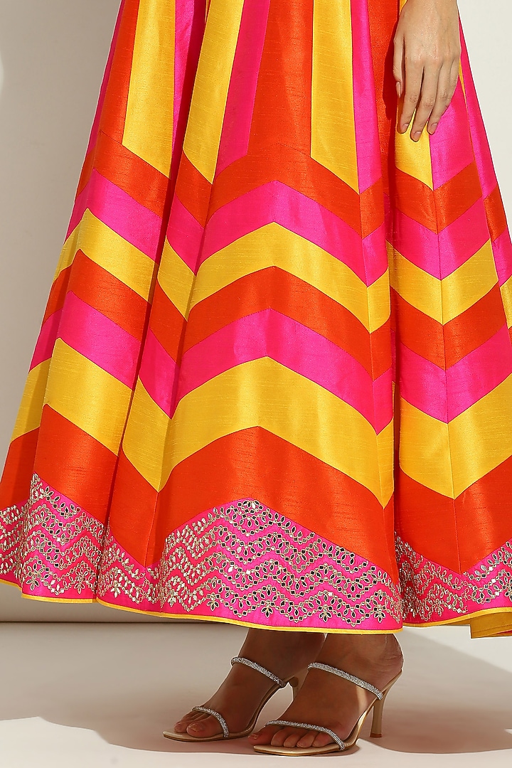 Multi-Colored Dupion Silk Patchwork Bridal Anarkali Set by Vandana Sethi at Pernia's Pop Up Shop
