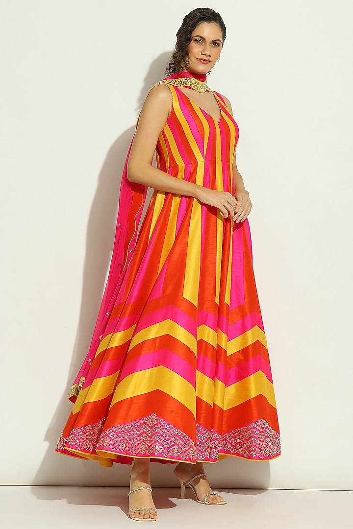Multi-Colored Dupion Silk Patchwork Bridal Anarkali Set by Vandana Sethi at Pernia's Pop Up Shop