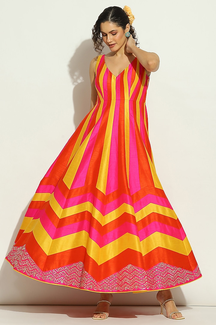 Multi-Colored Dupion Silk Patchwork Bridal Anarkali Set by Vandana Sethi at Pernia's Pop Up Shop