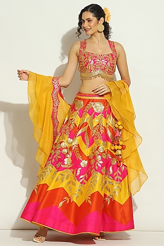 Flame Orange Dupion Silk Chevron Printed & Patchwork Lehenga Set by Vandana Sethi