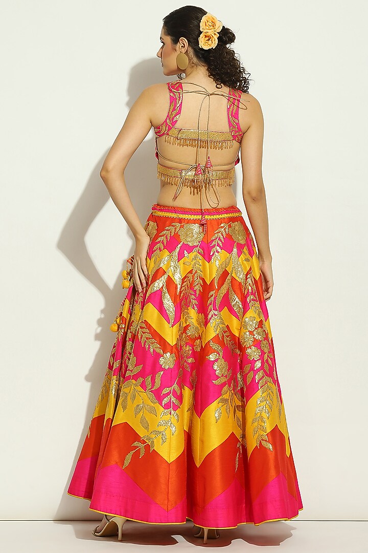 Flame Orange Dupion Silk Chevron Printed & Patchwork Wedding Lehenga Set by Vandana Sethi at Pernia's Pop Up Shop