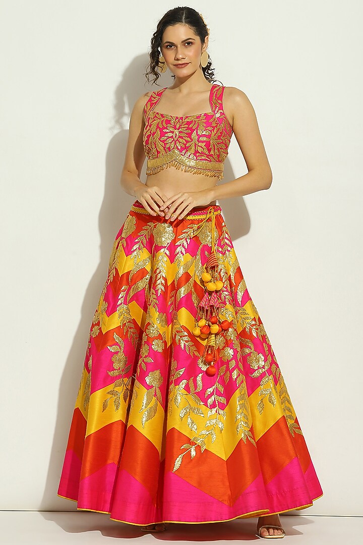 Flame Orange Dupion Silk Chevron Printed & Patchwork Wedding Lehenga Set by Vandana Sethi at Pernia's Pop Up Shop
