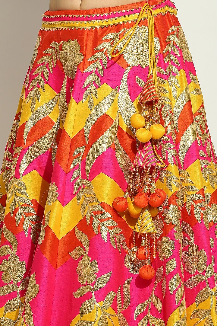 Flame Orange Dupion Silk Chevron Printed & Patchwork Wedding Lehenga Set by Vandana Sethi at Pernia's Pop Up Shop