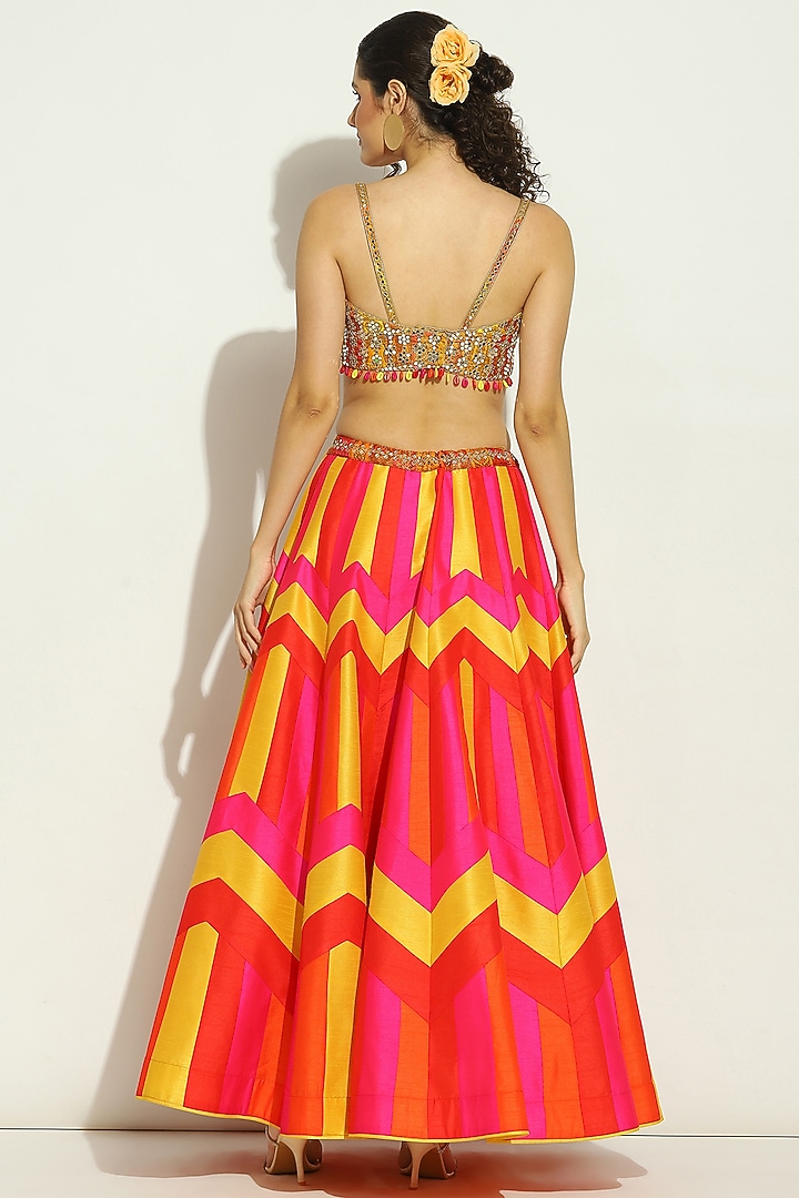 Flame Orange Dupion Silk Chevron Printed & Mirror Embroidered Wedding Lehenga Set by Vandana Sethi at Pernia's Pop Up Shop