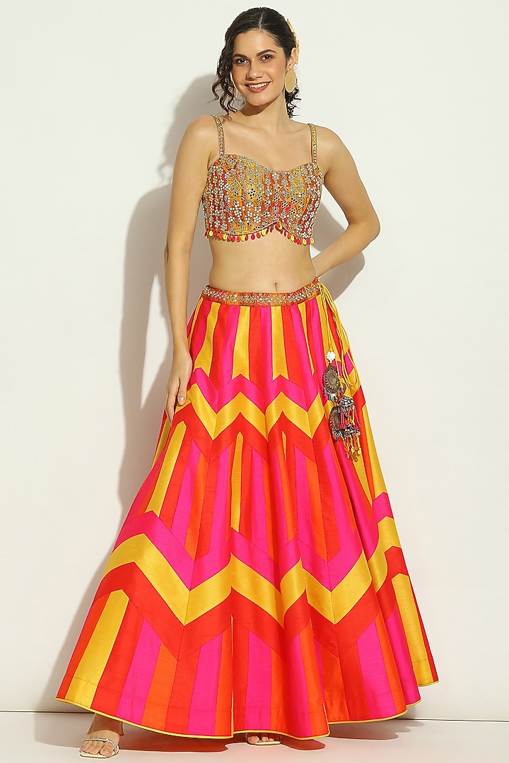 Flame Orange Dupion Silk Chevron Printed & Mirror Embroidered Wedding Lehenga Set by Vandana Sethi at Pernia's Pop Up Shop