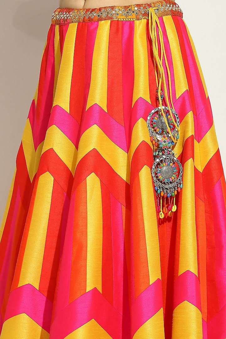 Flame Orange Dupion Silk Chevron Printed & Mirror Embroidered Wedding Lehenga Set by Vandana Sethi at Pernia's Pop Up Shop