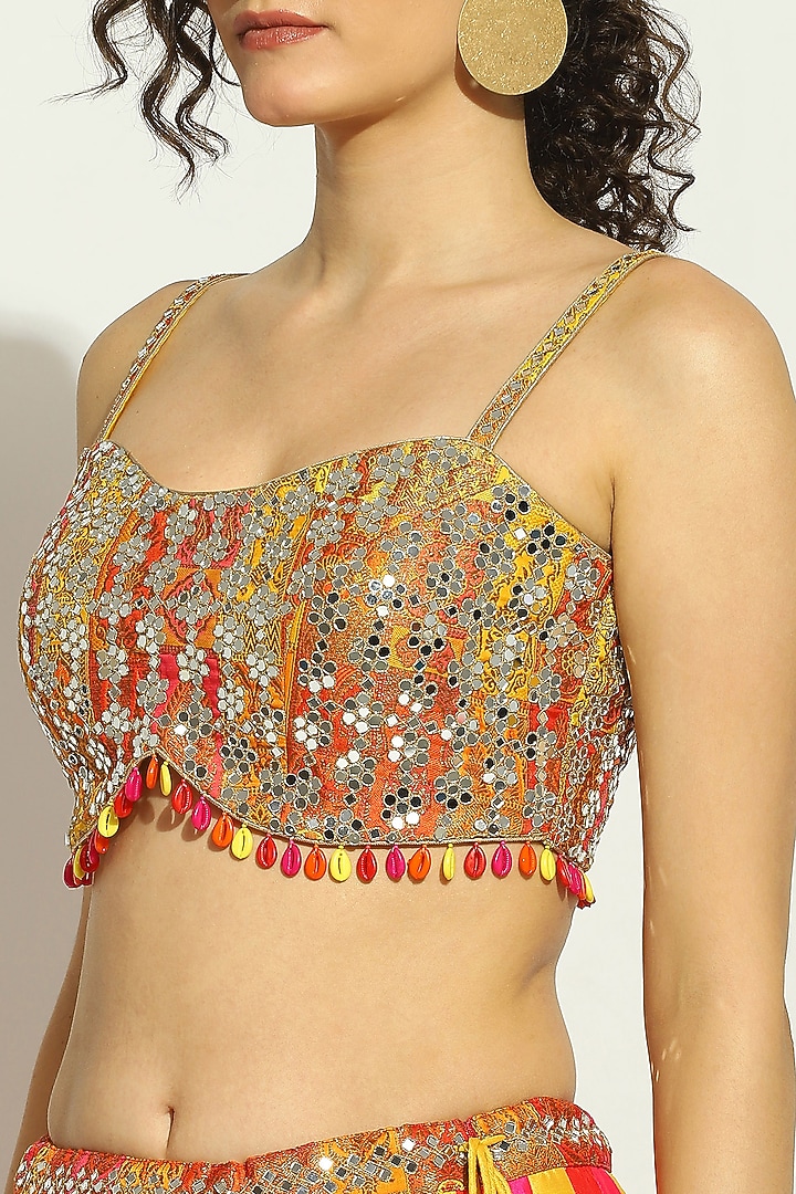 Flame Orange Dupion Silk Chevron Printed & Mirror Embroidered Wedding Lehenga Set by Vandana Sethi at Pernia's Pop Up Shop