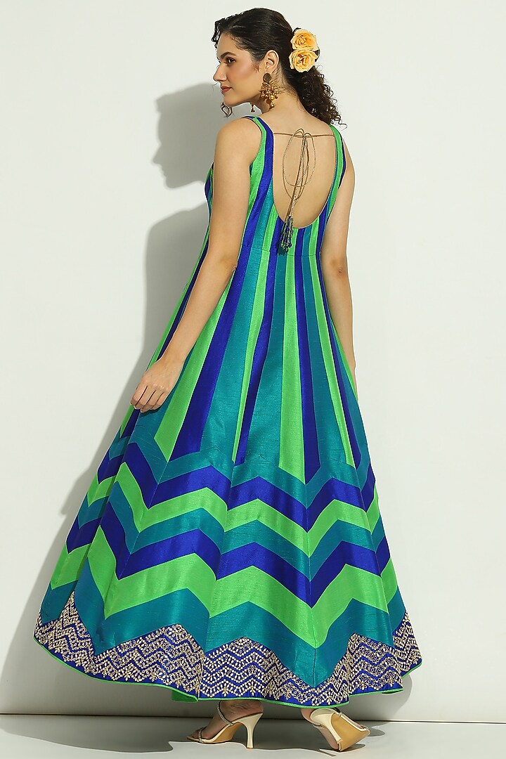 Multi-Colored Dupion Silk Chevron Printed & Patchwork Bridal Anarkali Set by Vandana Sethi at Pernia's Pop Up Shop