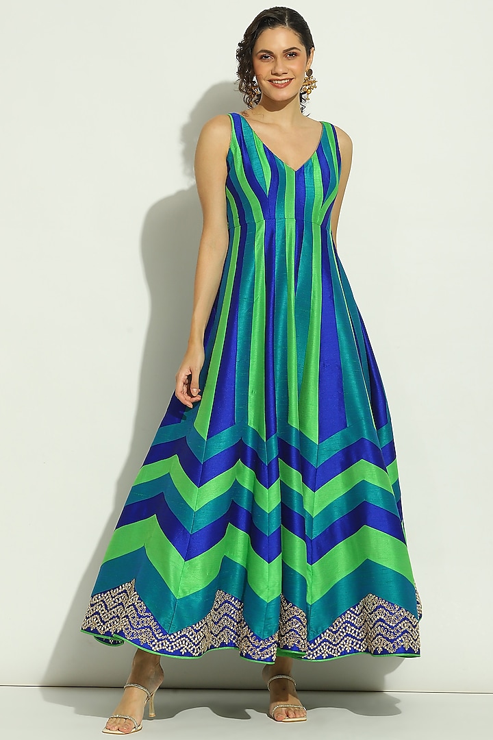 Multi-Colored Dupion Silk Chevron Printed & Patchwork Bridal Anarkali Set by Vandana Sethi at Pernia's Pop Up Shop