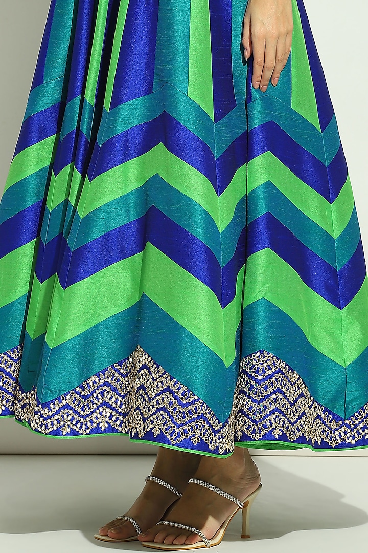 Multi-Colored Dupion Silk Chevron Printed & Patchwork Bridal Anarkali Set by Vandana Sethi at Pernia's Pop Up Shop