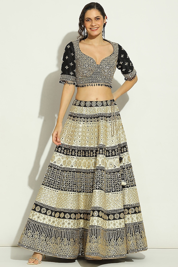 Black & White Dupion Silk Gota Patti Embroidered Bridal Lehenga Set by Vandana Sethi at Pernia's Pop Up Shop