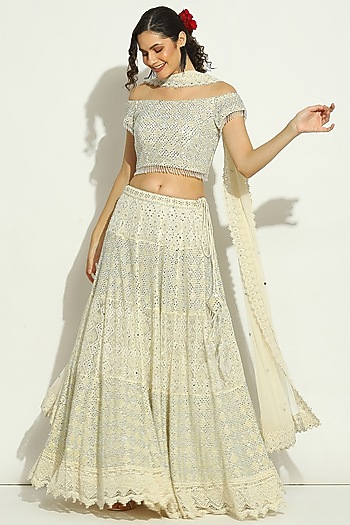Ivory Net Chikankari Swarovski Embroidered Wedding Lehenga Set by Vandana Sethi at Pernia's Pop Up Shop