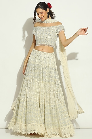 Ivory Net Chikankari Swarovski Embroidered Lehenga Set by Vandana Sethi