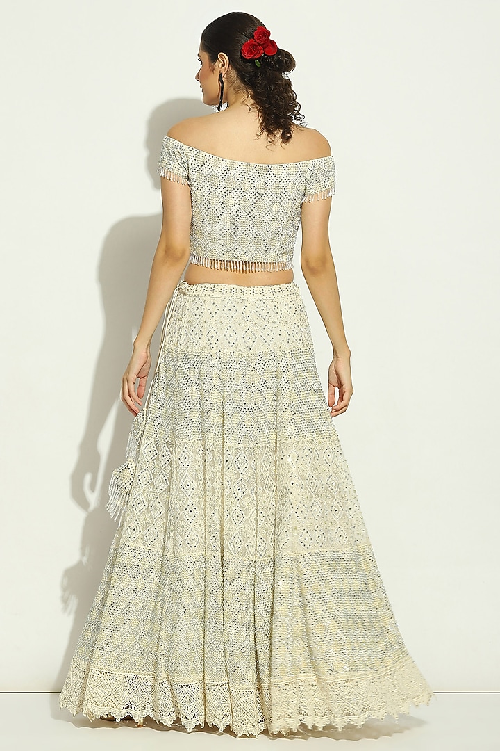 Ivory Net Chikankari Swarovski Embroidered Wedding Lehenga Set by Vandana Sethi at Pernia's Pop Up Shop