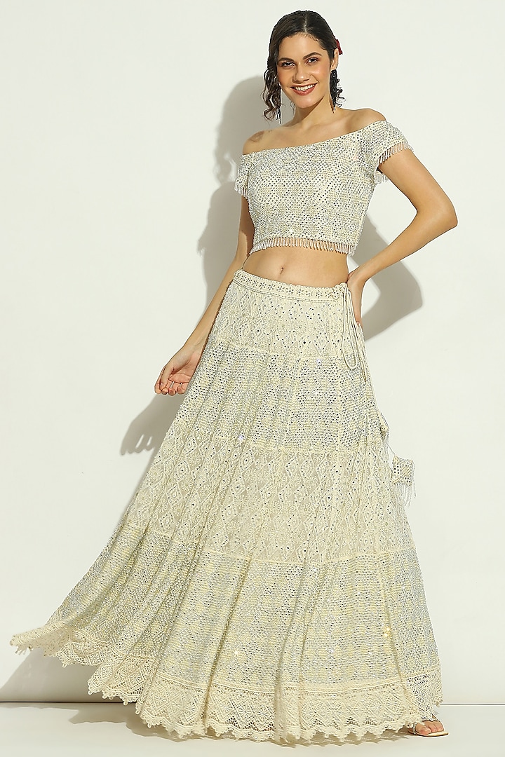 Ivory Net Chikankari Swarovski Embroidered Wedding Lehenga Set by Vandana Sethi at Pernia's Pop Up Shop