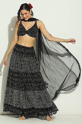 Black Net Chikankari Swarovski Embroidered Lehenga Set by Vandana Sethi