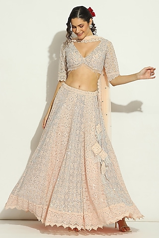 Pale Pink Net Chikankari Swarovski Embroidered Lehenga Set by Vandana Sethi