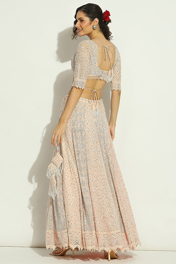 Pale Pink Net Chikankari Swarovski Embroidered Bridal Lehenga Set by Vandana Sethi at Pernia's Pop Up Shop