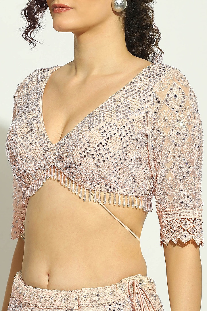 Pale Pink Net Chikankari Swarovski Embroidered Bridal Lehenga Set by Vandana Sethi at Pernia's Pop Up Shop