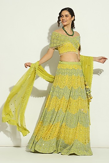Lyril Green Net Chikankari Swarovski Embroidered Bridal Lehenga Set by Vandana Sethi at Pernia's Pop Up Shop