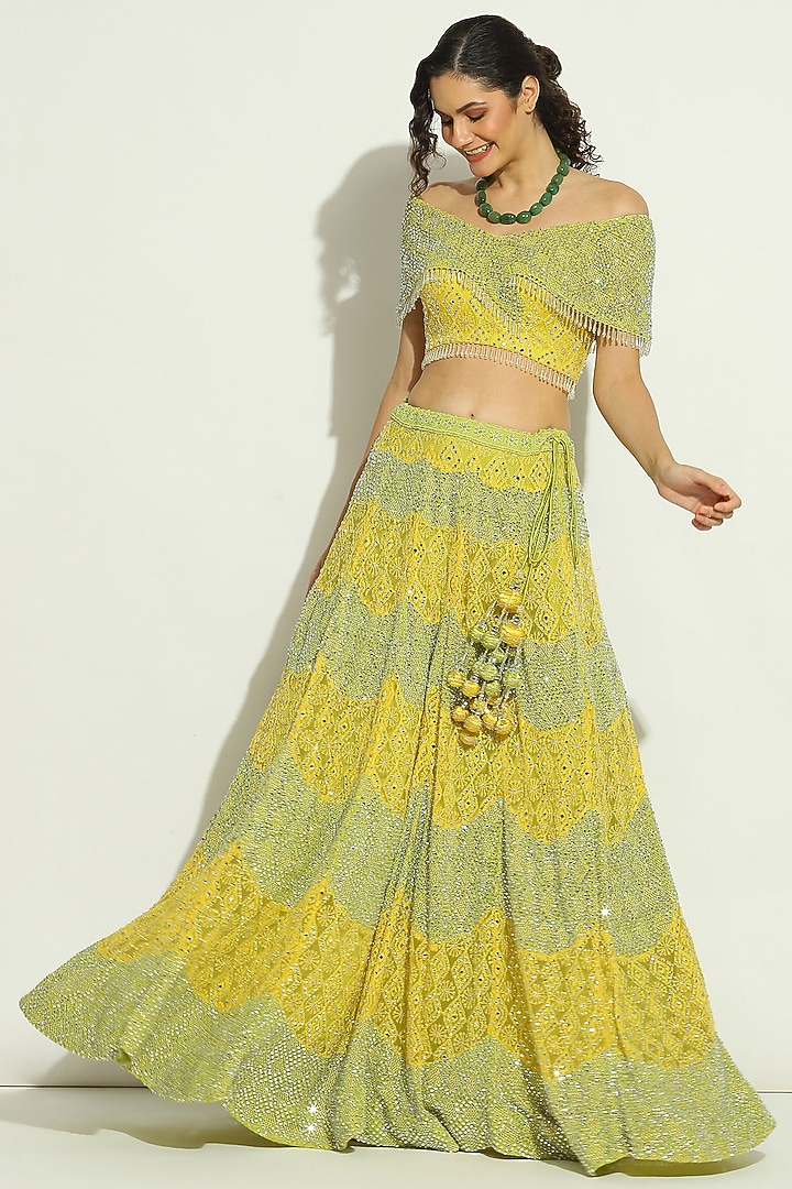 Lyril Green Net Chikankari Swarovski Embroidered Bridal Lehenga Set by Vandana Sethi at Pernia's Pop Up Shop