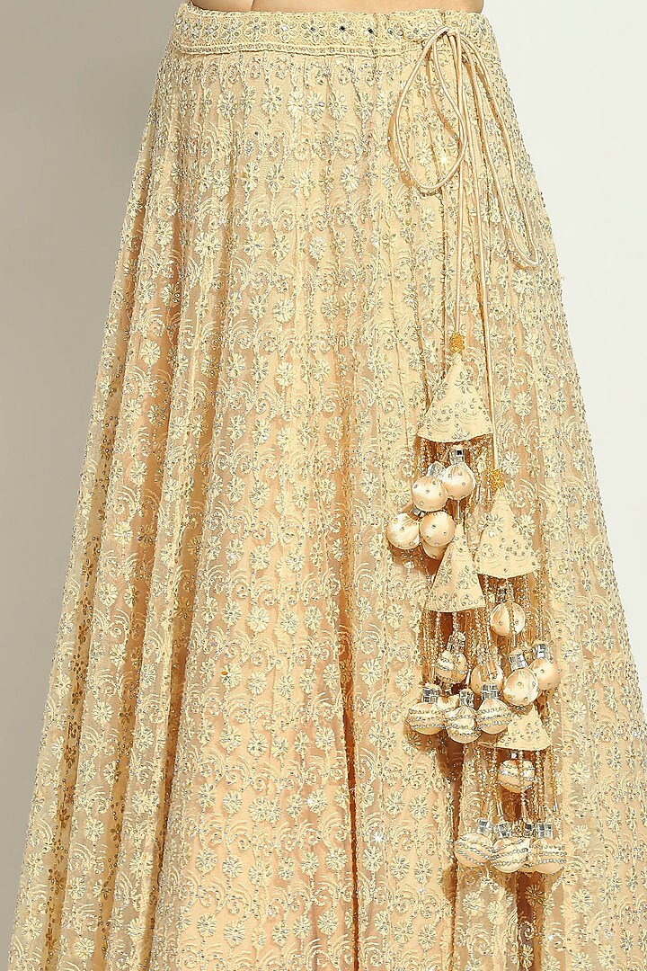 Peach Net Chikankari Swarovski Embroidered Wedding Lehenga Set by Vandana Sethi at Pernia's Pop Up Shop
