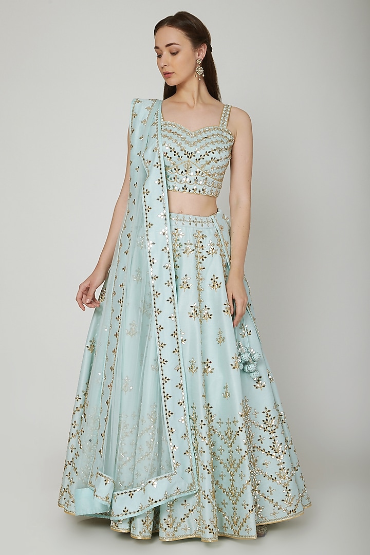 Sky Blue Dupion Raw Silk Mirror Embroidered Wedding Lehenga Set by Vandana Sethi at Pernia's Pop Up Shop