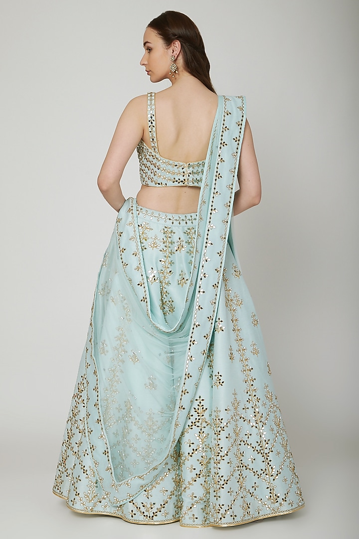 Sky Blue Dupion Raw Silk Mirror Embroidered Wedding Lehenga Set by Vandana Sethi at Pernia's Pop Up Shop