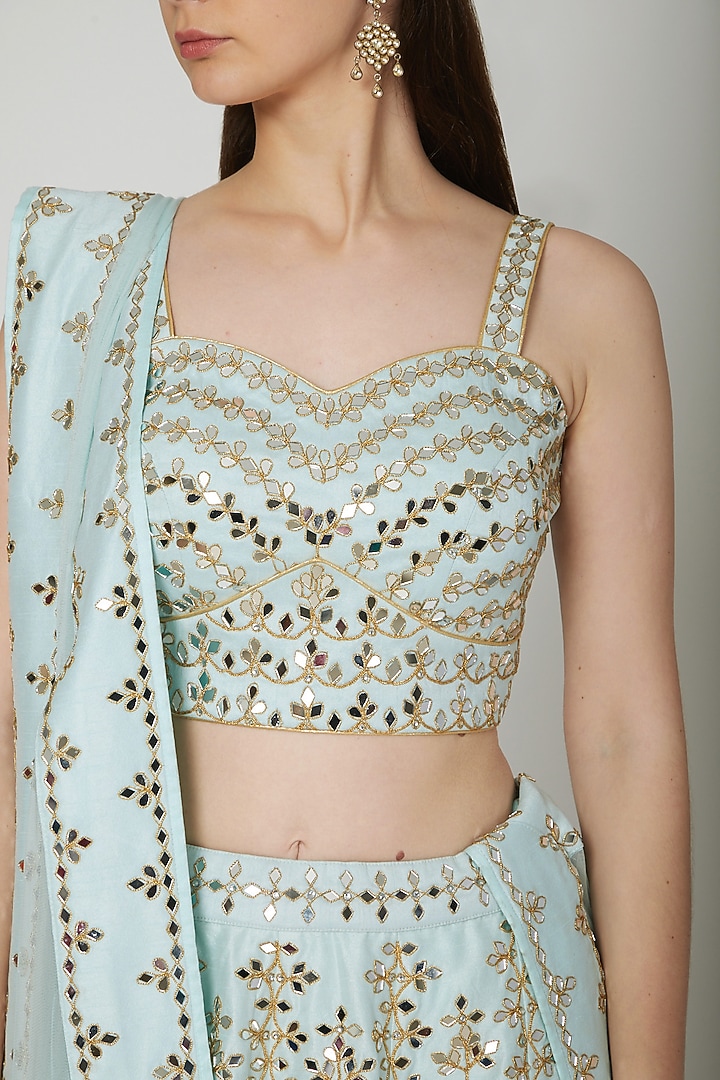 Sky Blue Dupion Raw Silk Mirror Embroidered Wedding Lehenga Set by Vandana Sethi at Pernia's Pop Up Shop