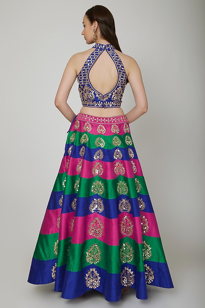 Multi-Colored Dupion Raw Silk Mirror Embroidered Wedding Lehenga Set by Vandana Sethi at Pernia's Pop Up Shop