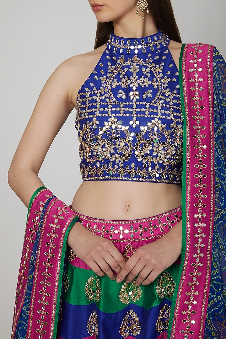 Multi-Colored Dupion Raw Silk Mirror Embroidered Wedding Lehenga Set by Vandana Sethi at Pernia's Pop Up Shop