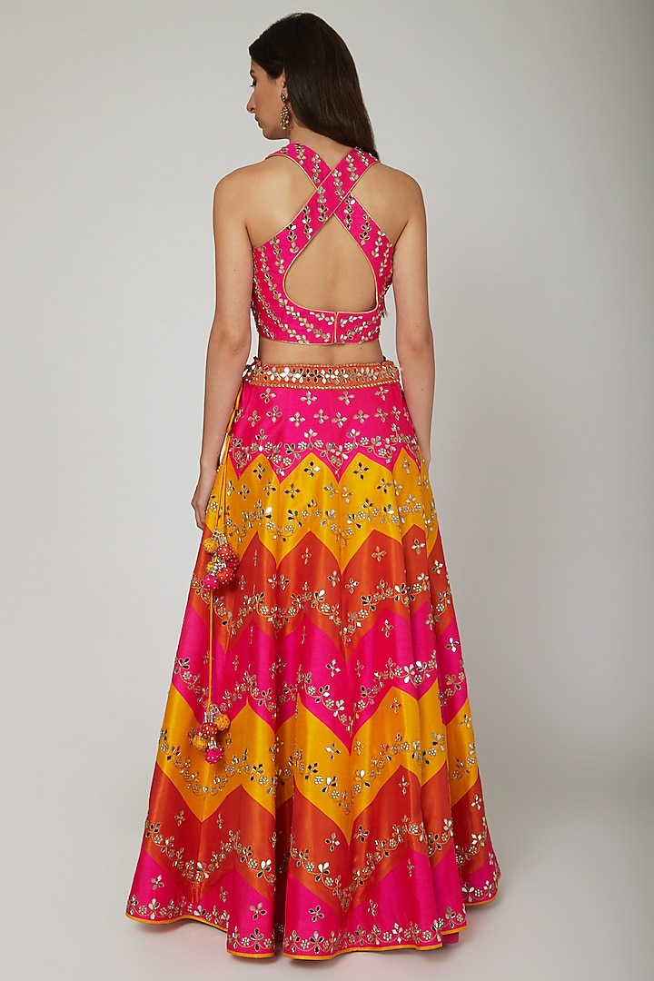 Multi-Colored Dupion Raw Silk Mirror Embroidered Wedding Lehenga Set by Vandana Sethi at Pernia's Pop Up Shop