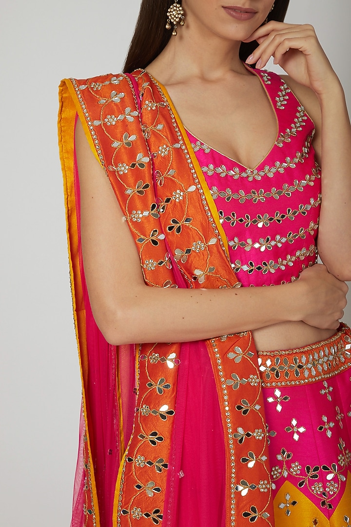 Multi-Colored Dupion Raw Silk Mirror Embroidered Wedding Lehenga Set by Vandana Sethi at Pernia's Pop Up Shop