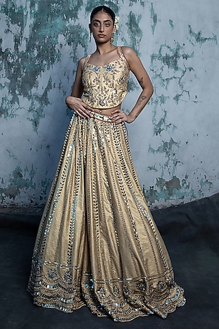 Beige Raw Silk Mirror Work Lehenga Set by Vandana Sethi