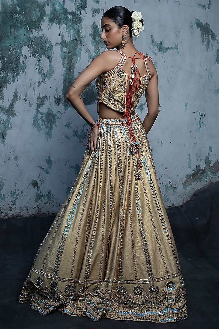 Beige Raw Silk Mirror Work Wedding Lehenga Set by Vandana Sethi at Pernia's Pop Up Shop