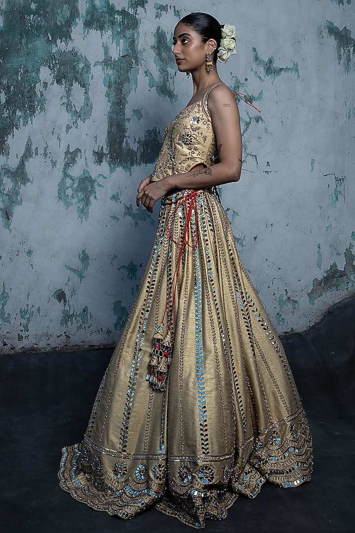 Beige Raw Silk Mirror Work Wedding Lehenga Set by Vandana Sethi at Pernia's Pop Up Shop