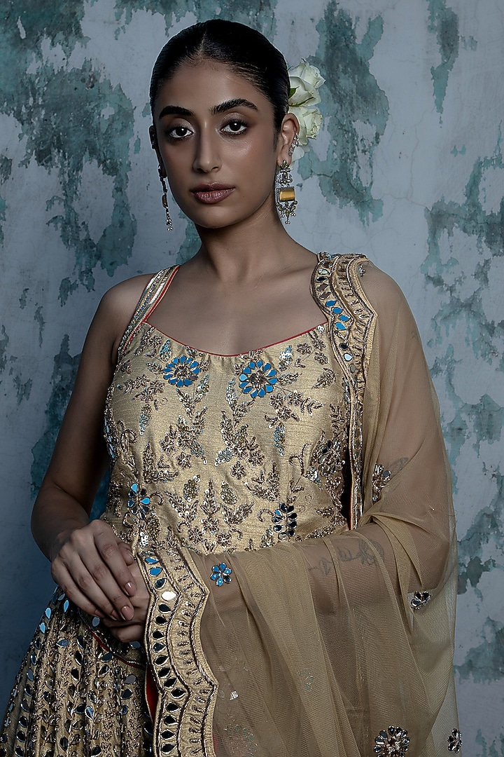 Beige Raw Silk Mirror Work Wedding Lehenga Set by Vandana Sethi at Pernia's Pop Up Shop