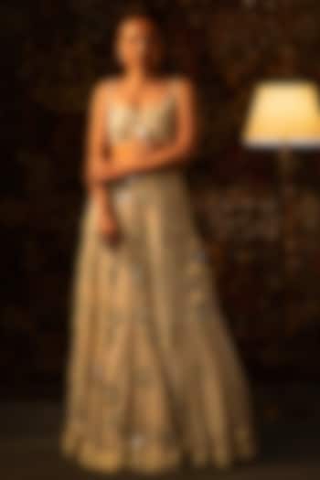 Ivory Net Chikankari Mirror Embroidered Bridal Lehenga Set by Vandana Sethi at Pernia's Pop Up Shop