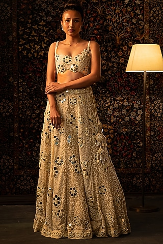 Ivory Net Chikankari Mirror Embroidered Lehenga Set by Vandana Sethi