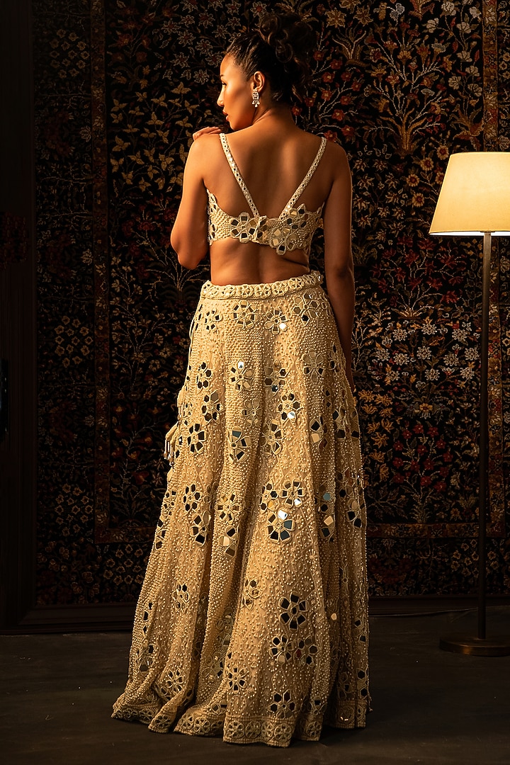 Ivory Net Chikankari Mirror Embroidered Bridal Lehenga Set by Vandana Sethi at Pernia's Pop Up Shop