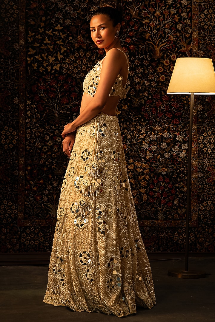 Ivory Net Chikankari Mirror Embroidered Bridal Lehenga Set by Vandana Sethi at Pernia's Pop Up Shop