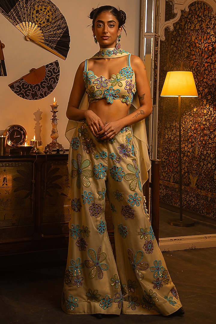 Misty Blue Organza Bead Embroidered Wedding Sharara Set by Vandana Sethi at Pernia's Pop Up Shop