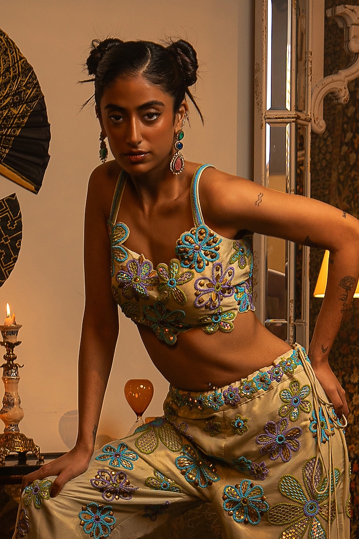 Misty Blue Organza Bead Embroidered Wedding Sharara Set by Vandana Sethi at Pernia's Pop Up Shop