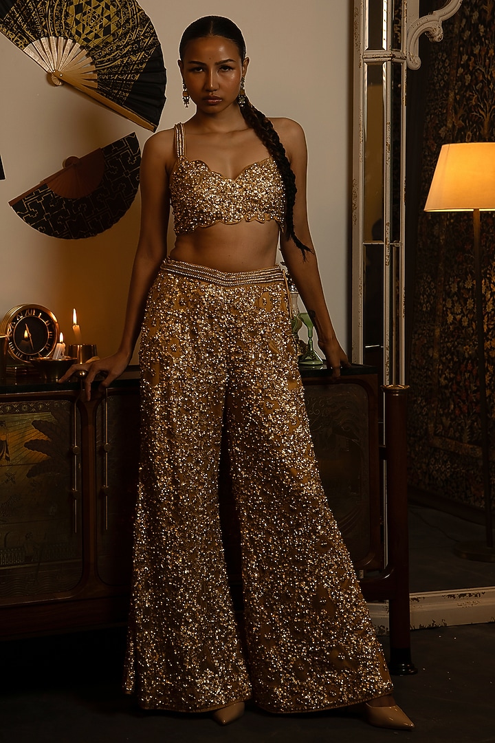 Gold Net Sequins Work Bridal Sharara Set by Vandana Sethi at Pernia's Pop Up Shop