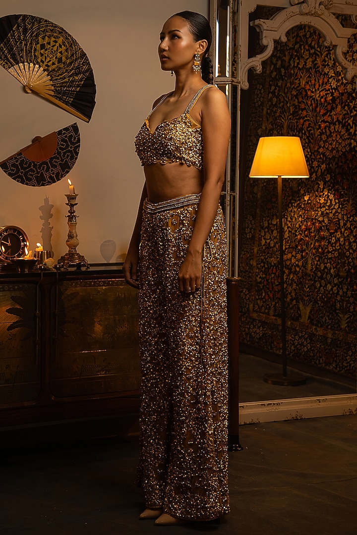 Gold Net Sequins Work Bridal Sharara Set by Vandana Sethi at Pernia's Pop Up Shop