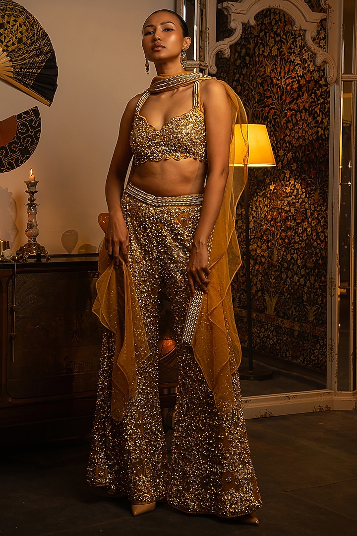 Gold Net Sequins Work Bridal Sharara Set by Vandana Sethi at Pernia's Pop Up Shop