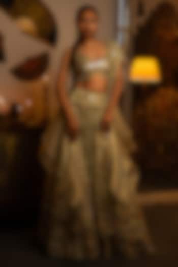 Ocean Blue Organza Mirror Work Wedding Lehenga Set by Vandana Sethi at Pernia's Pop Up Shop