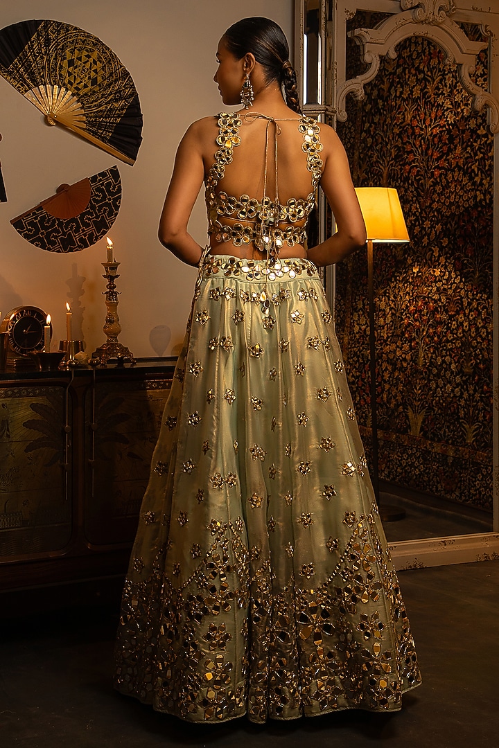 Ocean Blue Organza Mirror Work Wedding Lehenga Set by Vandana Sethi at Pernia's Pop Up Shop